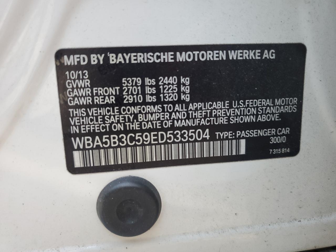 2014 BMW 5er VIN WBA5B3C59ED533504 Copart auction photo, front end damage thumbnail 12