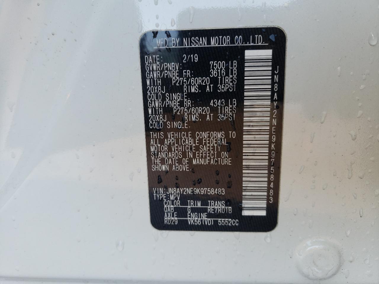 2019 Nissan Armada VIN JN8AY2NE9K9758483 Copart auction photo, front end / side damage thumbnail 13