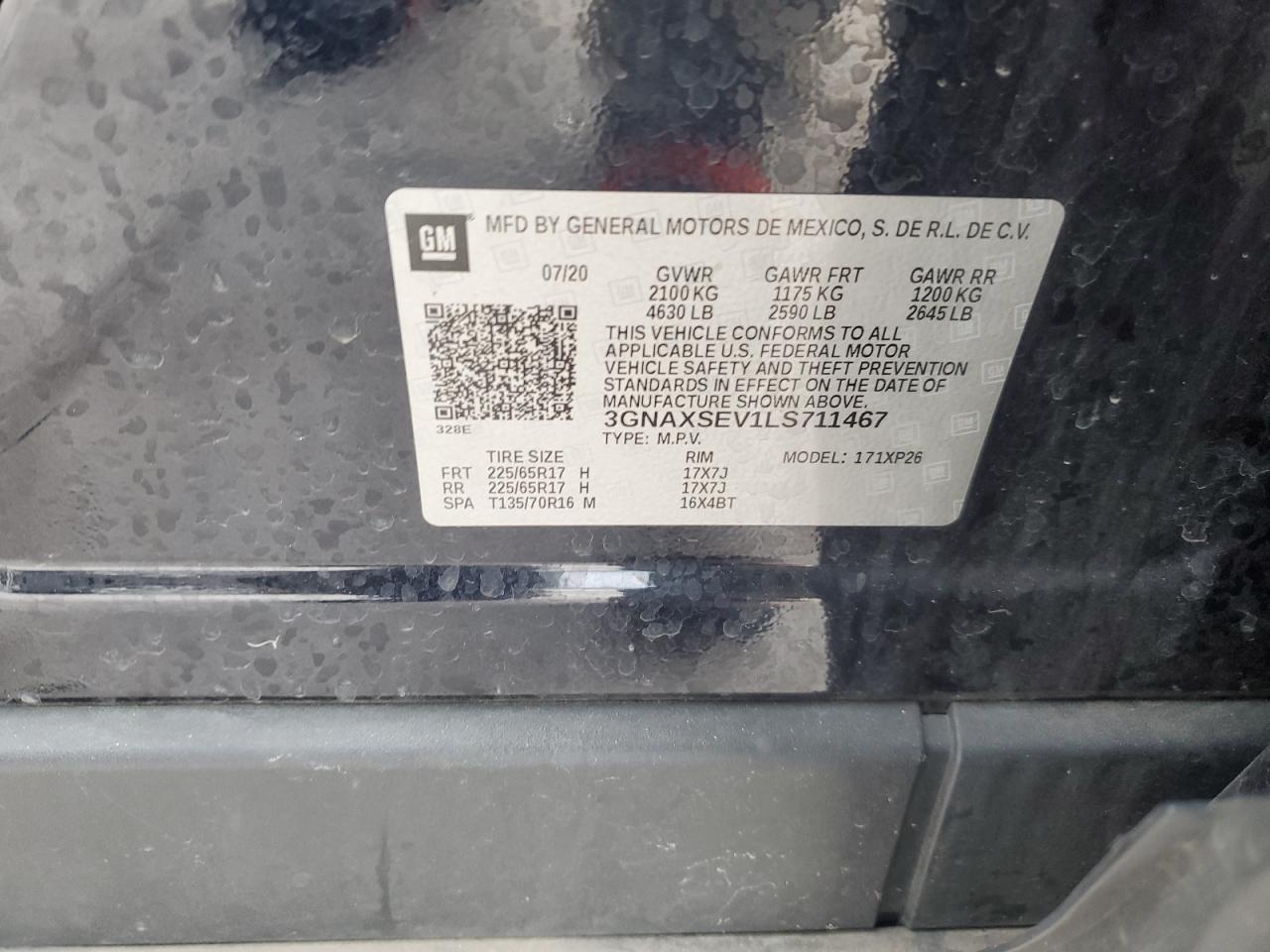 2020 Chevrolet Equinox VIN 3GNAXSEV1LS711467 Copart auction photo, all over / undercarriage damage thumbnail 13
