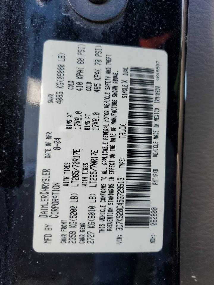 2005 Dodge RAM VIN 3D7KS28C45G729513 Copart auction photo, front end / side damage thumbnail 12