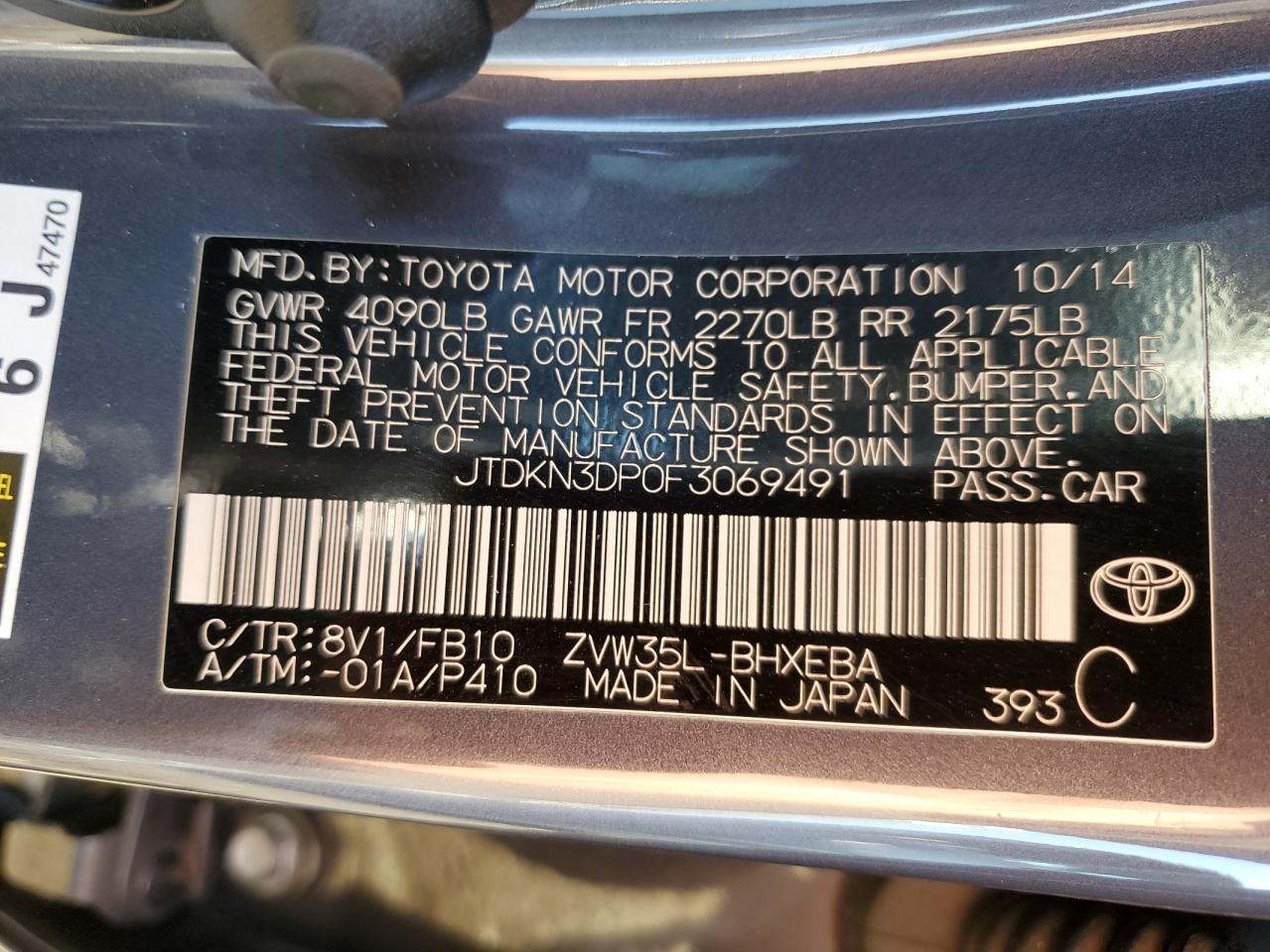 2015 Toyota Prius VIN JTDKN3DP0F3069491 Copart auction photo, front end damage thumbnail 14