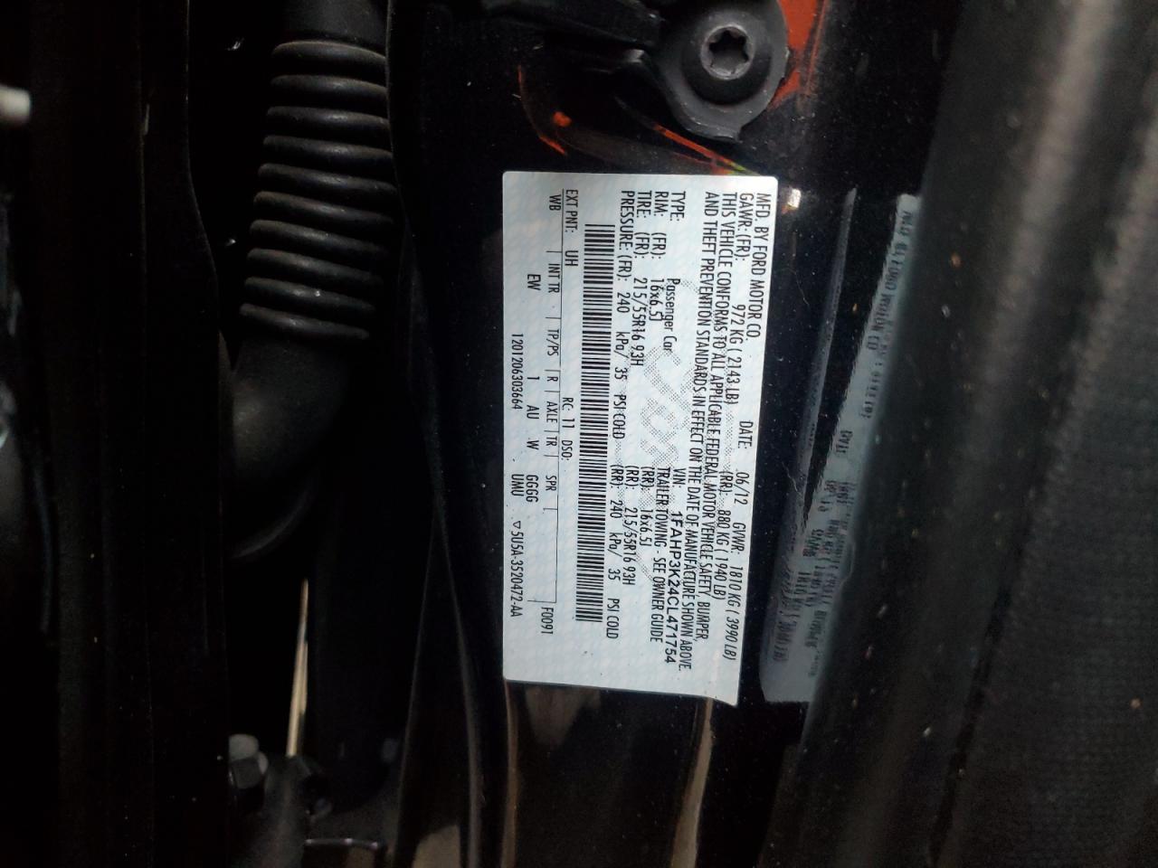2012 Ford Focus VIN 1FAHP3K24CL471754 Copart auction photo, front end / side damage thumbnail 12