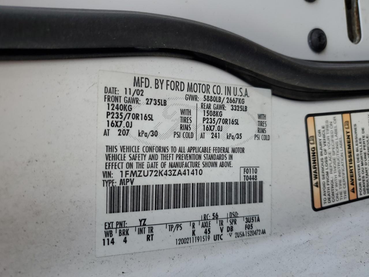 2003 Ford Explorer VIN 1FMZU72K43ZA41410 Copart auction photo, front end damage thumbnail 15