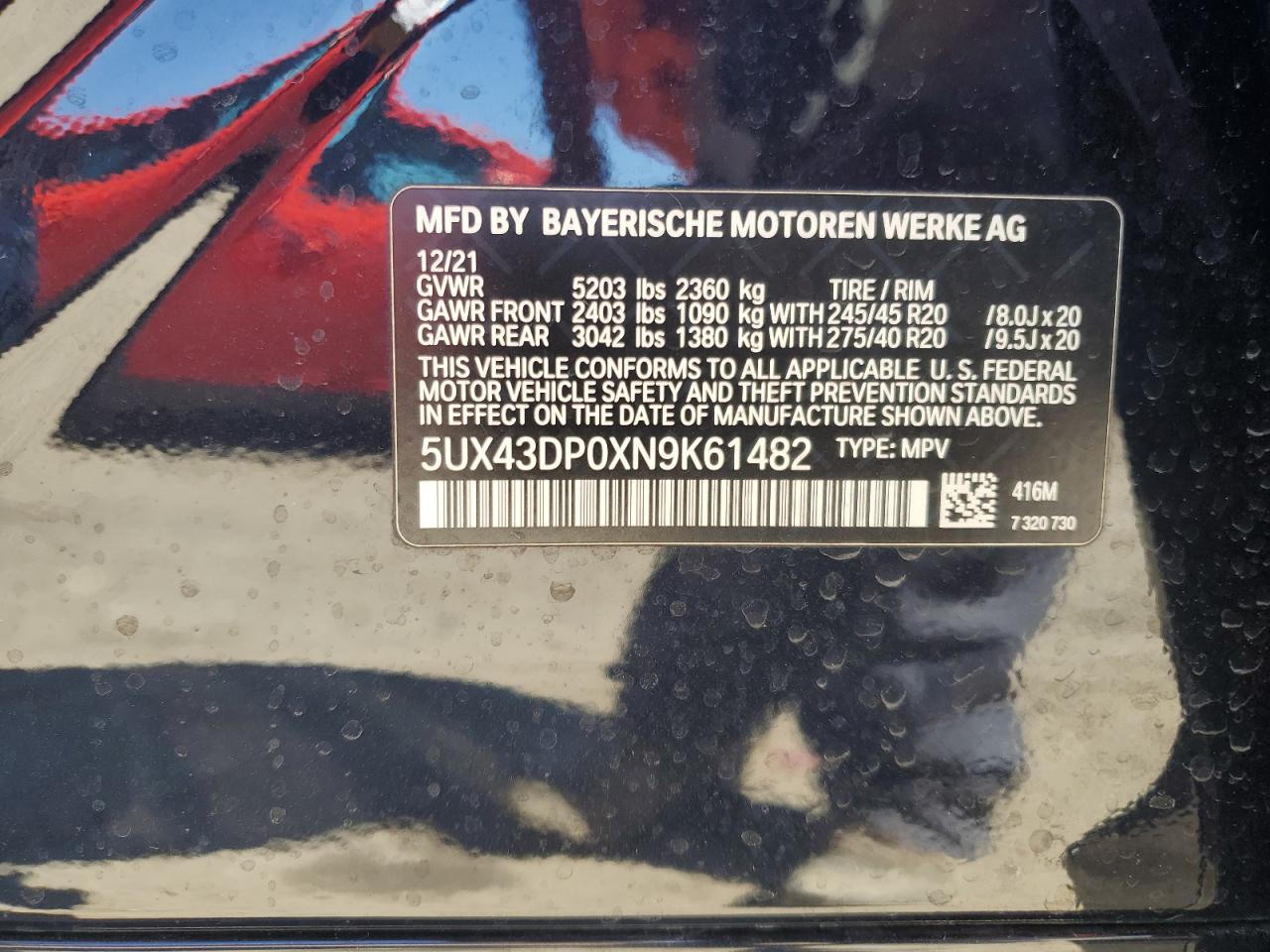 2022 BMW X3 VIN 5UX43DP0XN9K61482 Copart auction photo, front end damage thumbnail 14