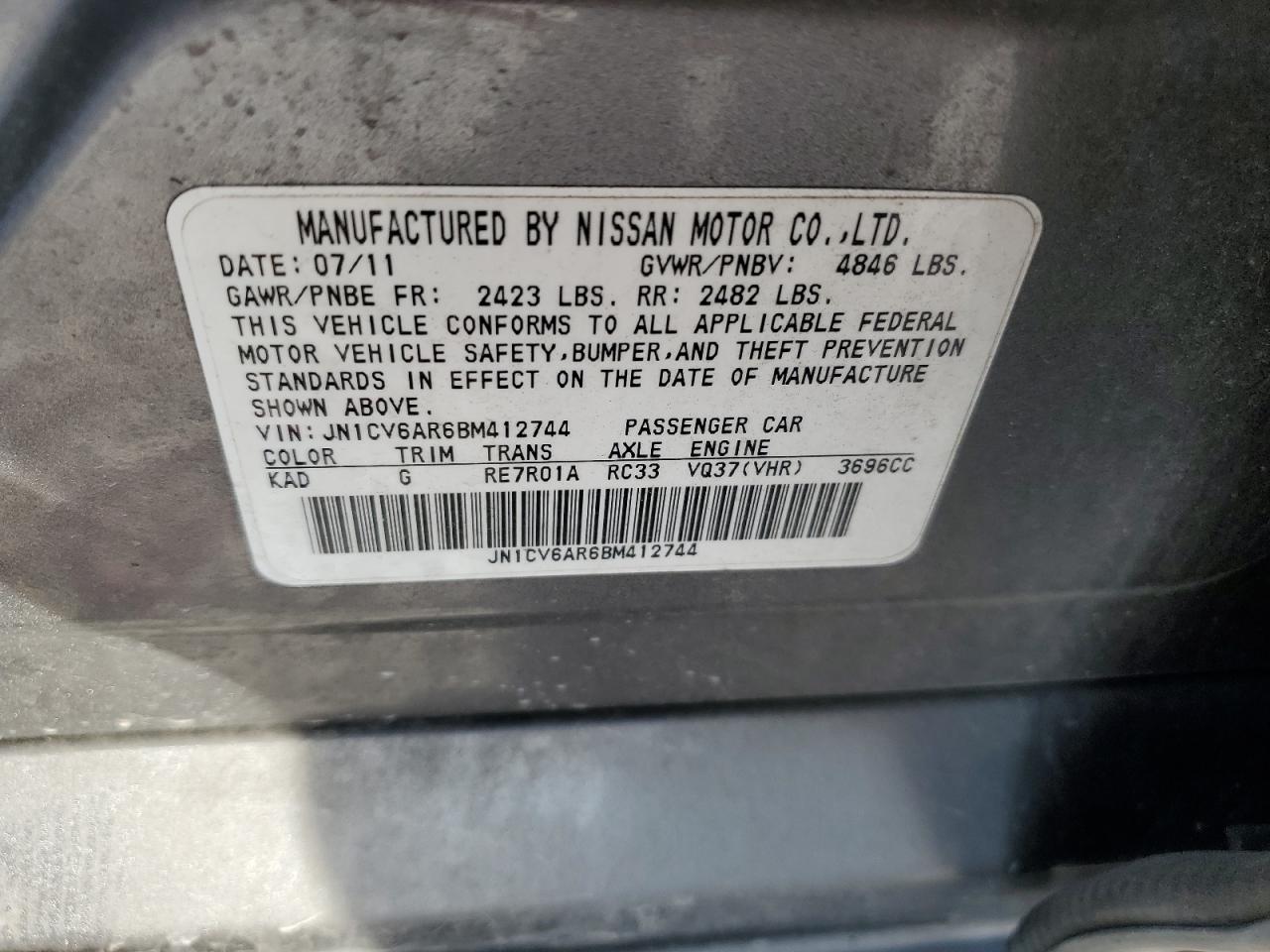 2011 Infiniti G VIN JN1CV6AR6BM412744 Copart auction photo, front end / rear end damage thumbnail 12