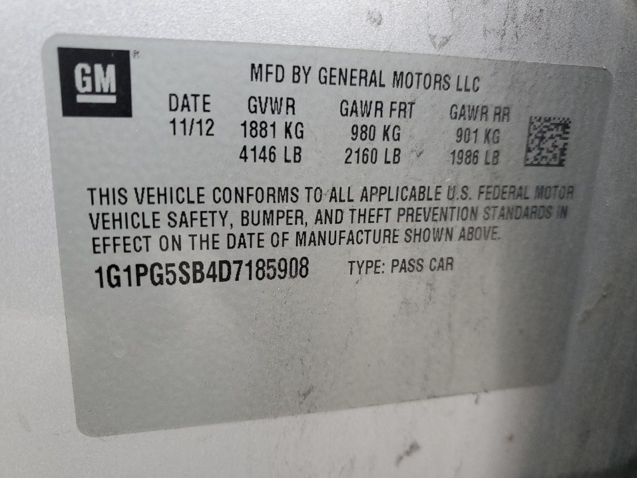 2013 Chevrolet Cruze VIN 1G1PG5SB4D7185908 Copart auction photo, front end / side damage thumbnail 13