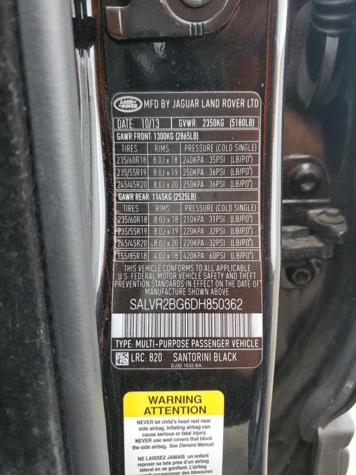 2013 Land Rover Range Rover VIN SALVR2BG6DH850362 Copart auction photo, side / front end damage thumbnail 15