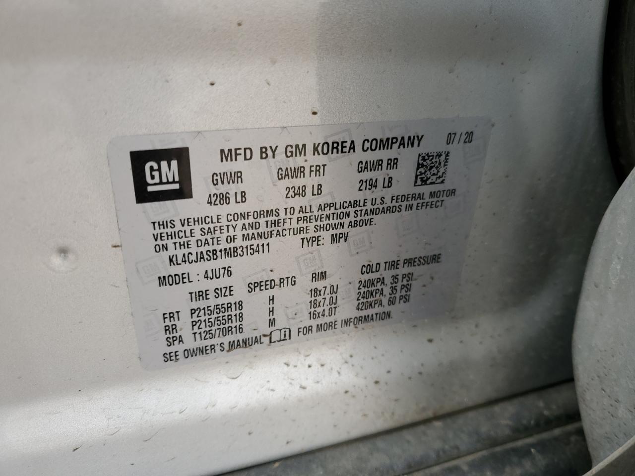 2021 Buick Encore VIN KL4CJASB1MB315411 Copart auction photo, hail / minor dent/scratches damage thumbnail 13