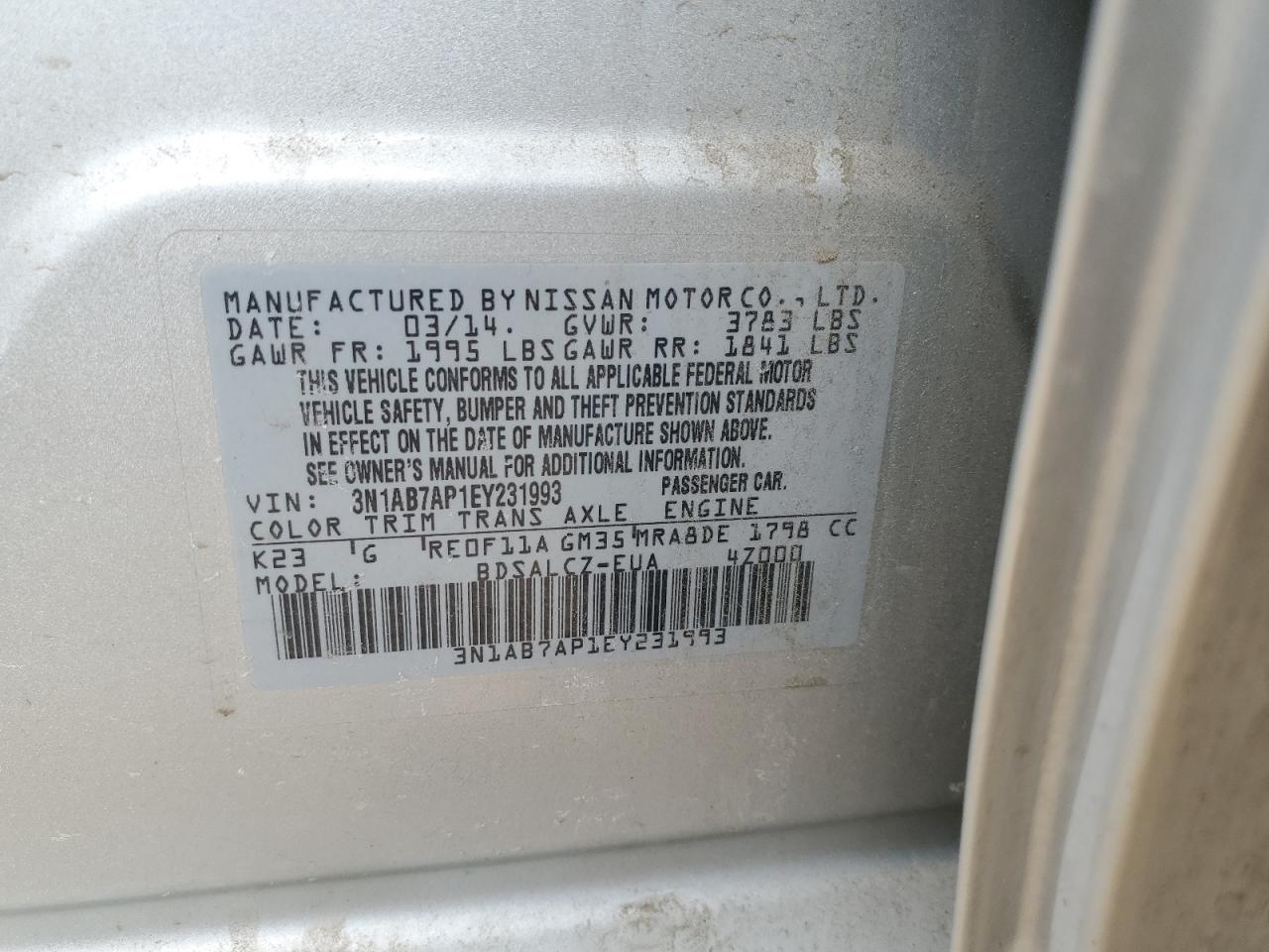 2014 Nissan Sentra VIN 3N1AB7AP1EY231993 Copart auction photo, front end / hail damage thumbnail 12
