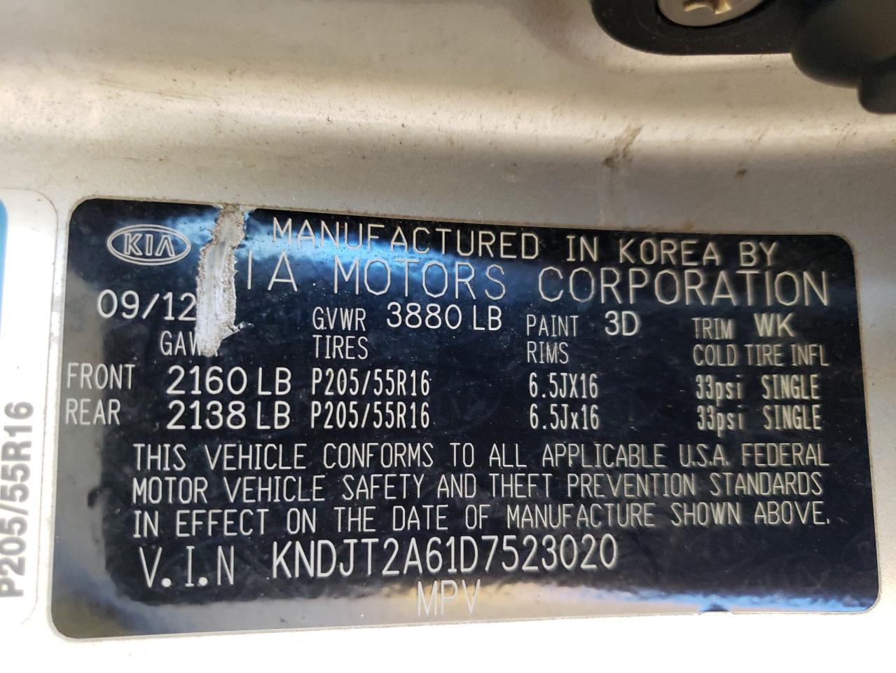 2013 KIA Soul VIN KNDJT2A61D7523020 Copart auction photo, side / hail damage thumbnail 12