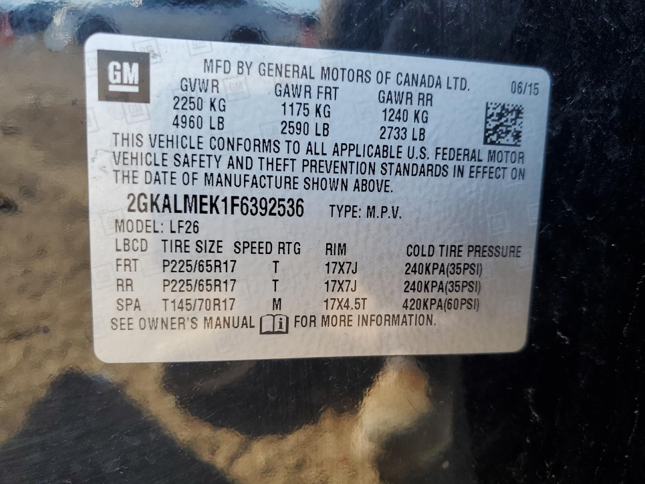 2015 GMC Terrain VIN 2GKALMEK1F6392536 Copart auction photo, minor dent/scratches damage thumbnail 13