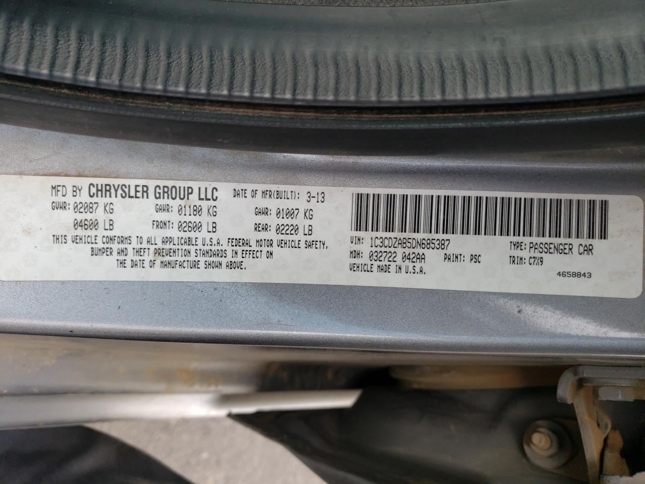 2013 Dodge Avenger VIN 1C3CDZAB5DN685387 Copart auction photo, front end / hail damage thumbnail 12
