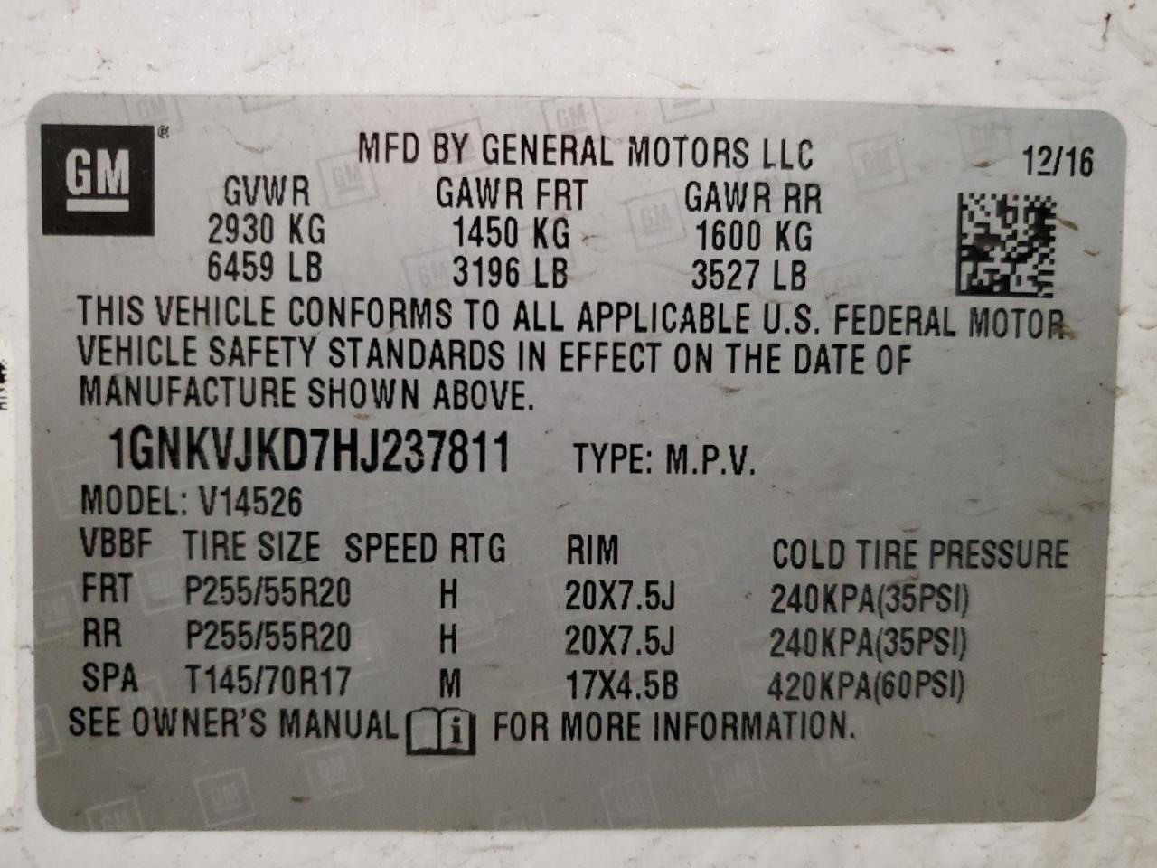2017 Chevrolet Traverse VIN 1GNKVJKD7HJ237811 Copart auction photo, front end / mechanical damage thumbnail 13