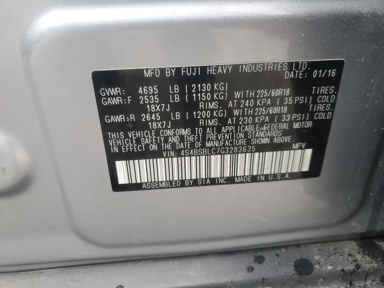2016 Subaru Outback VIN 4S4BSBLC7G3283635 Copart auction photo, rear end damage thumbnail 15