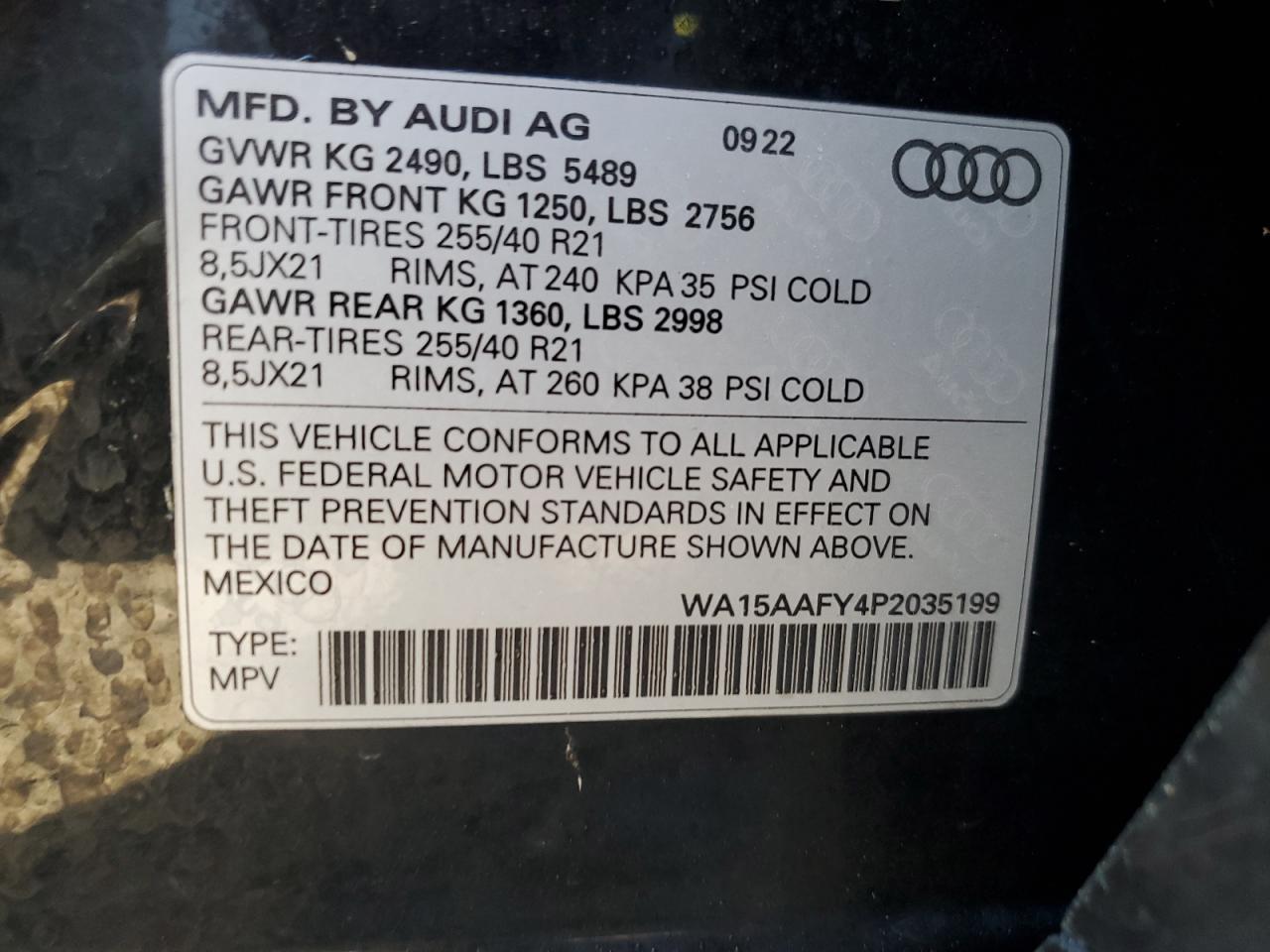 2023 Audi Q5 VIN WA15AAFY4P2035199 Copart auction photo, water/flood damage thumbnail 14