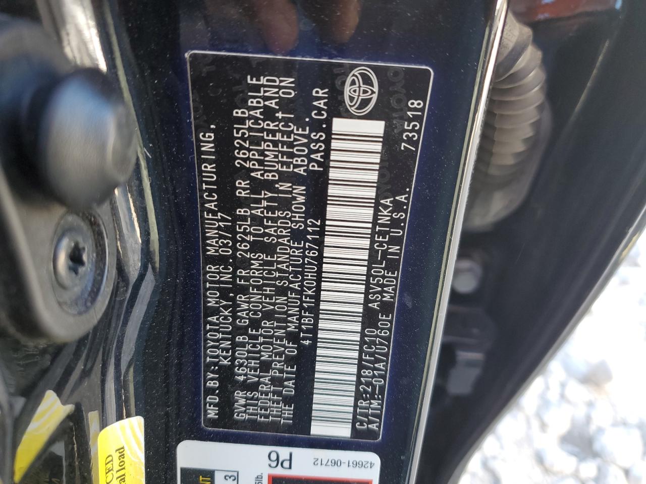 2017 Toyota Camry VIN 4T1BF1FK0HU767112 Copart auction photo, rear end damage thumbnail 12