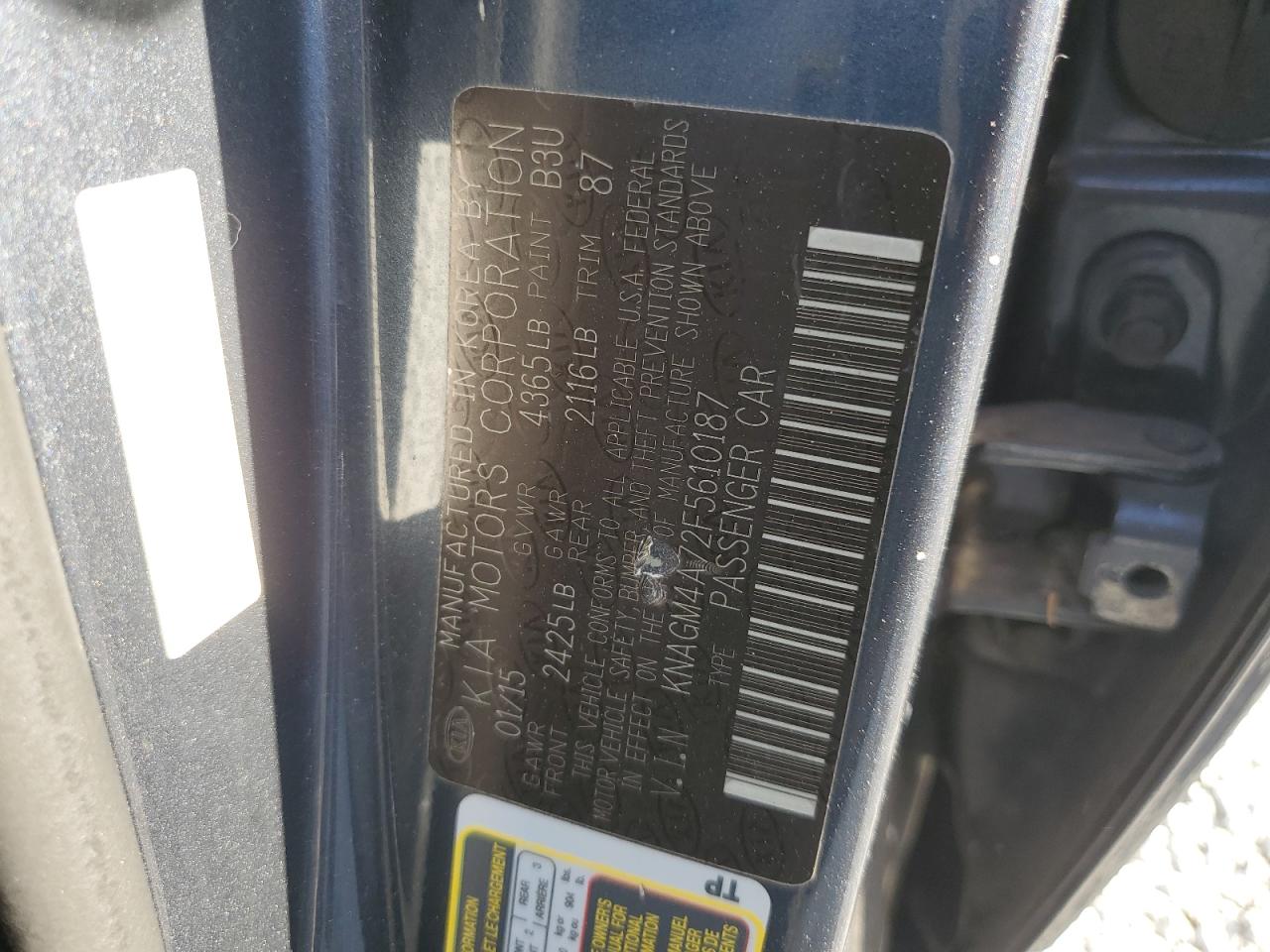 2015 KIA Optima VIN KNAGM4A72F5610187 Copart auction photo, front end damage thumbnail 14
