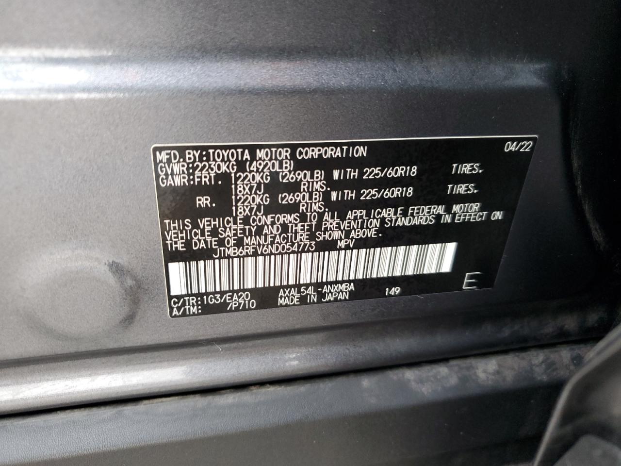 2022 Toyota RAV 4 VIN JTMB6RFV6ND054773 Copart auction photo, front end damage thumbnail 13