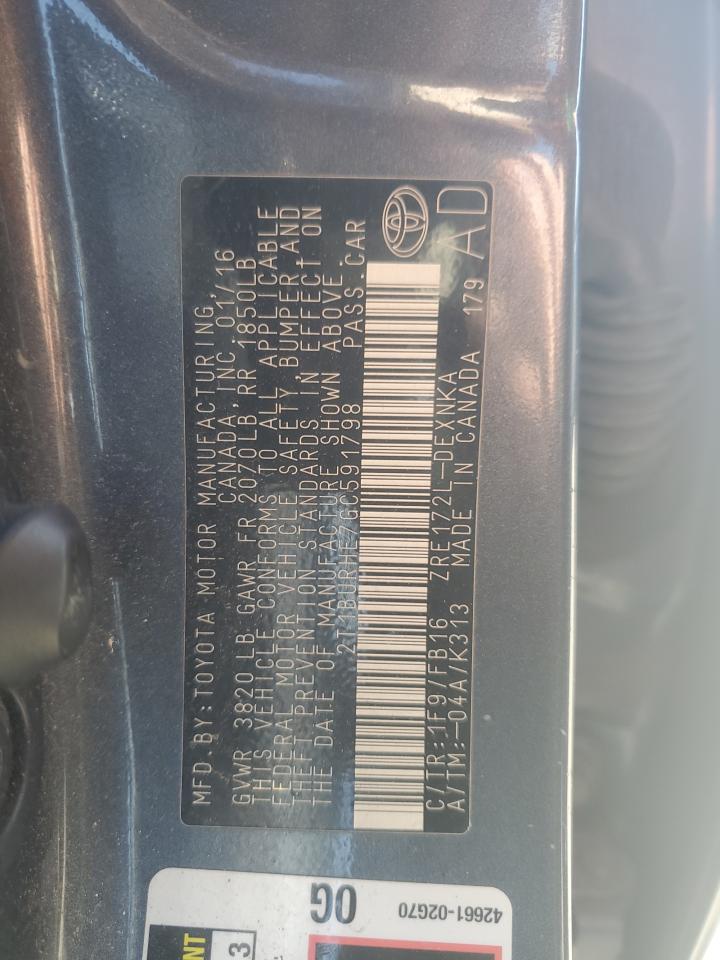 2016 Toyota Corolla VIN 2T1BURHE7GC591798 Copart auction photo, front end / minor dent/scratches damage thumbnail 12