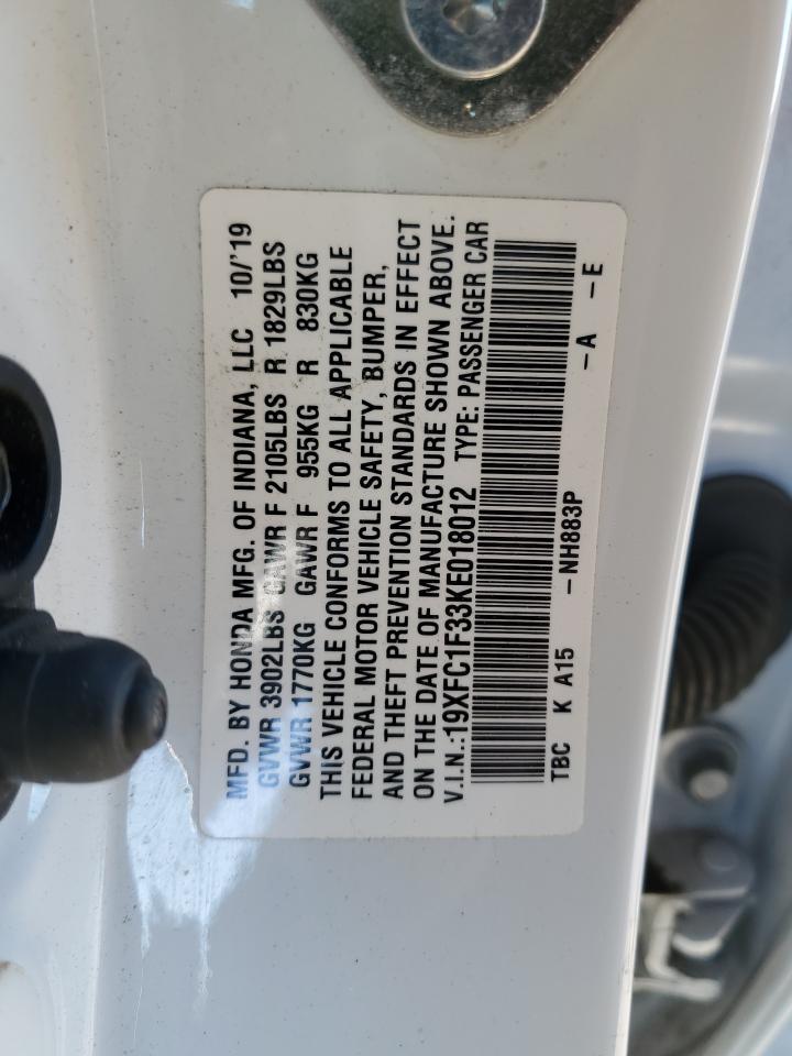 2019 Honda Civic VIN 19XFC1F33KE018012 Copart auction photo, front end / side damage thumbnail 12