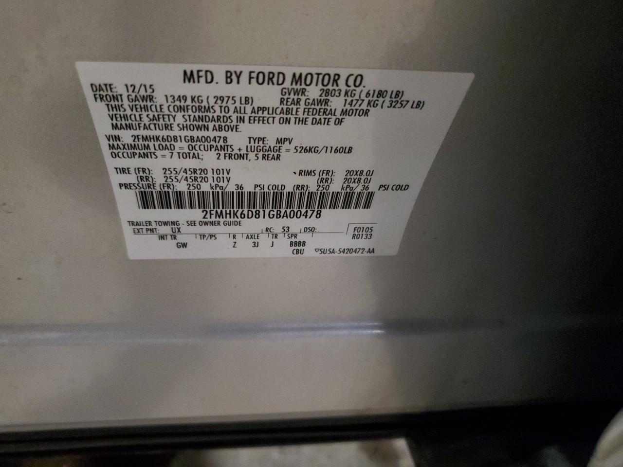2016 Ford Flex VIN 2FMHK6D81GBA00478 Copart auction photo, front end / minor dent/scratches damage thumbnail 15