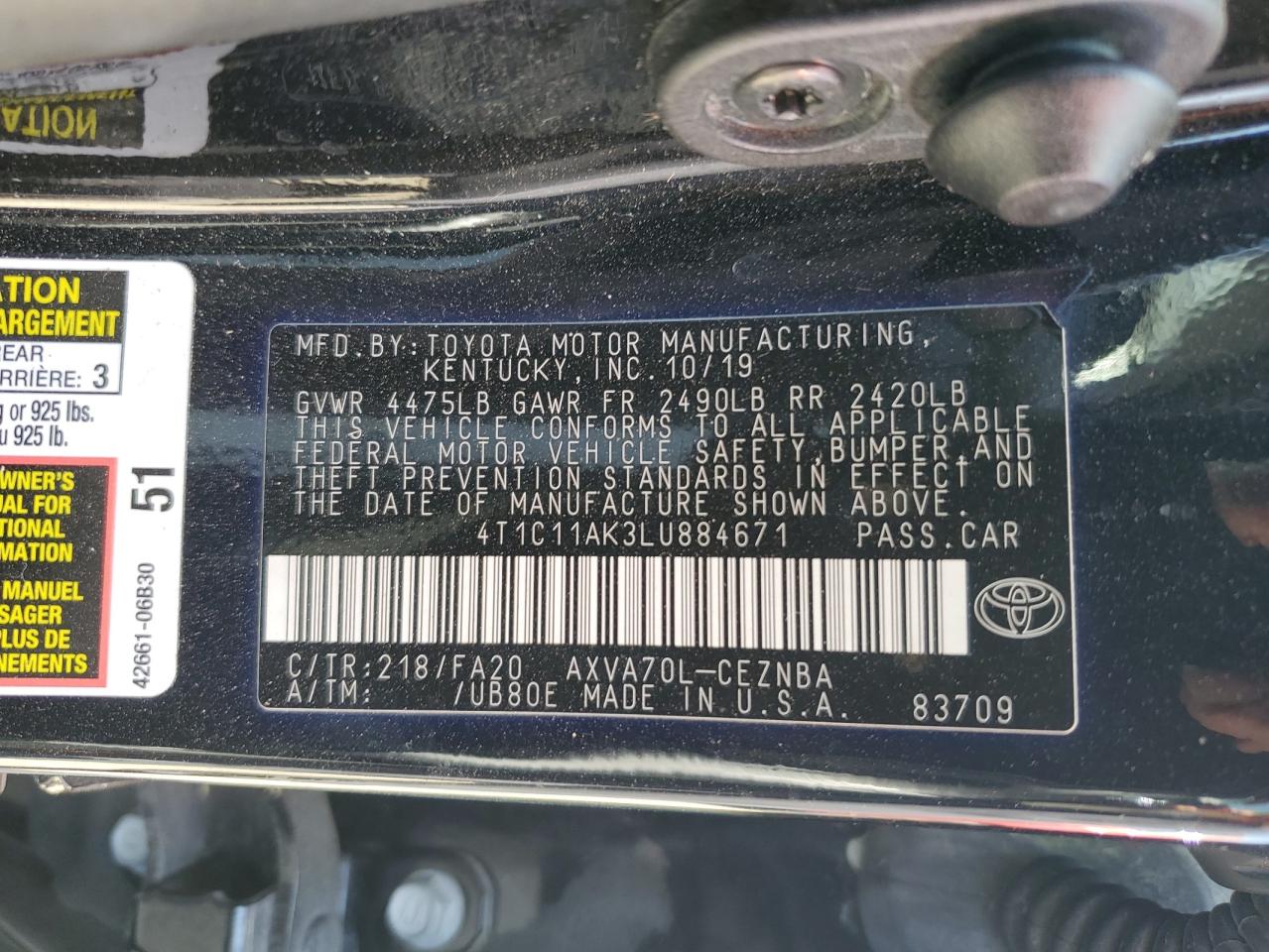 2020 Toyota Camry VIN 4T1C11AK3LU884671 Copart auction photo, front end damage thumbnail 12