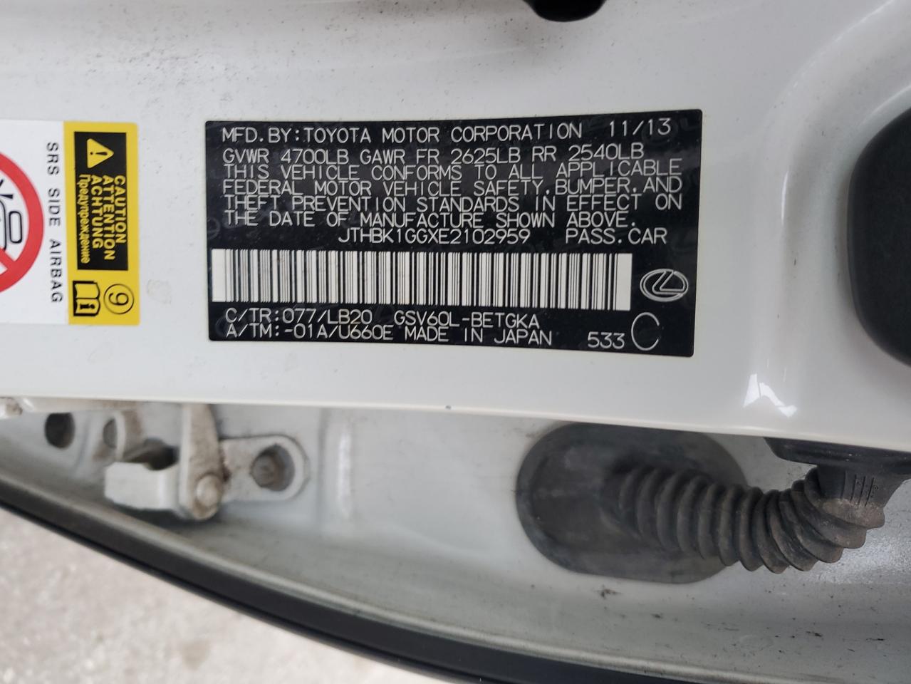 2014 Lexus ES VIN JTHBK1GGXE2102959 Copart auction photo, front end / rear end damage thumbnail 15