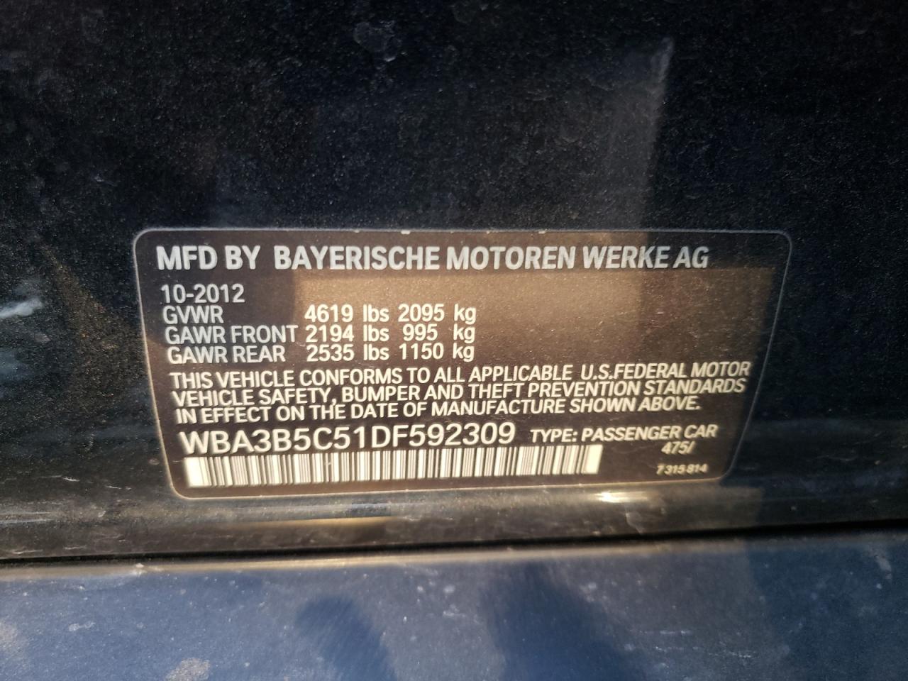 2013 BMW 3er VIN WBA3B5C51DF592309 Copart auction photo, front end / side damage thumbnail 13