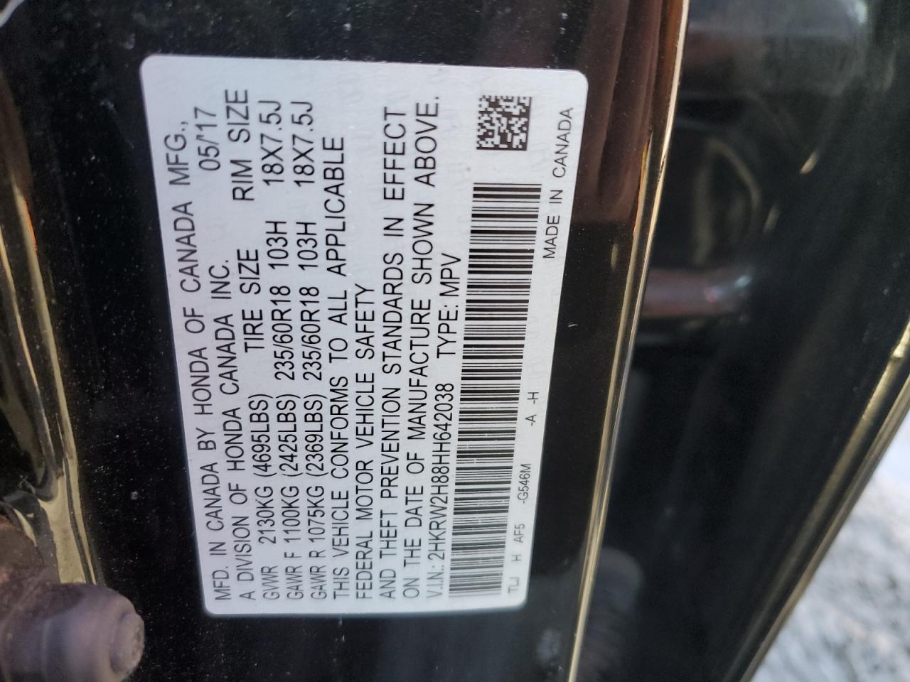 2017 Honda CR-V VIN 2HKRW2H88HH642038 Copart auction photo, front end damage thumbnail 13