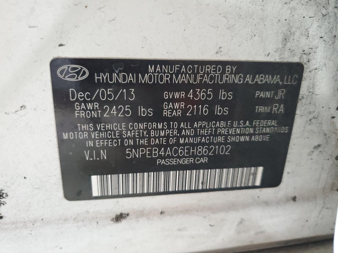 2014 Hyundai Sonata VIN 5NPEB4AC6EH862102 Copart auction photo, all over damage thumbnail 12