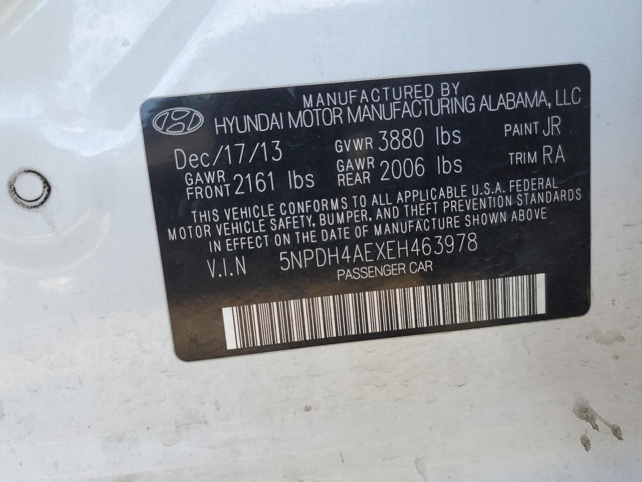 2014 Hyundai Elantra VIN 5NPDH4AEXEH463978 Copart auction photo, mechanical damage thumbnail 12