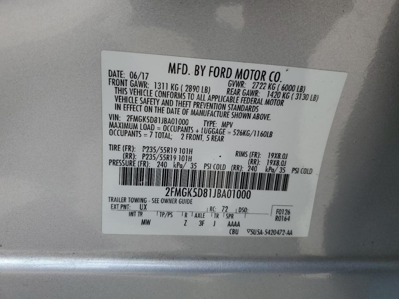 2018 Ford Flex VIN 2FMGK5D81JBA01000 Copart auction photo, front end damage thumbnail 14