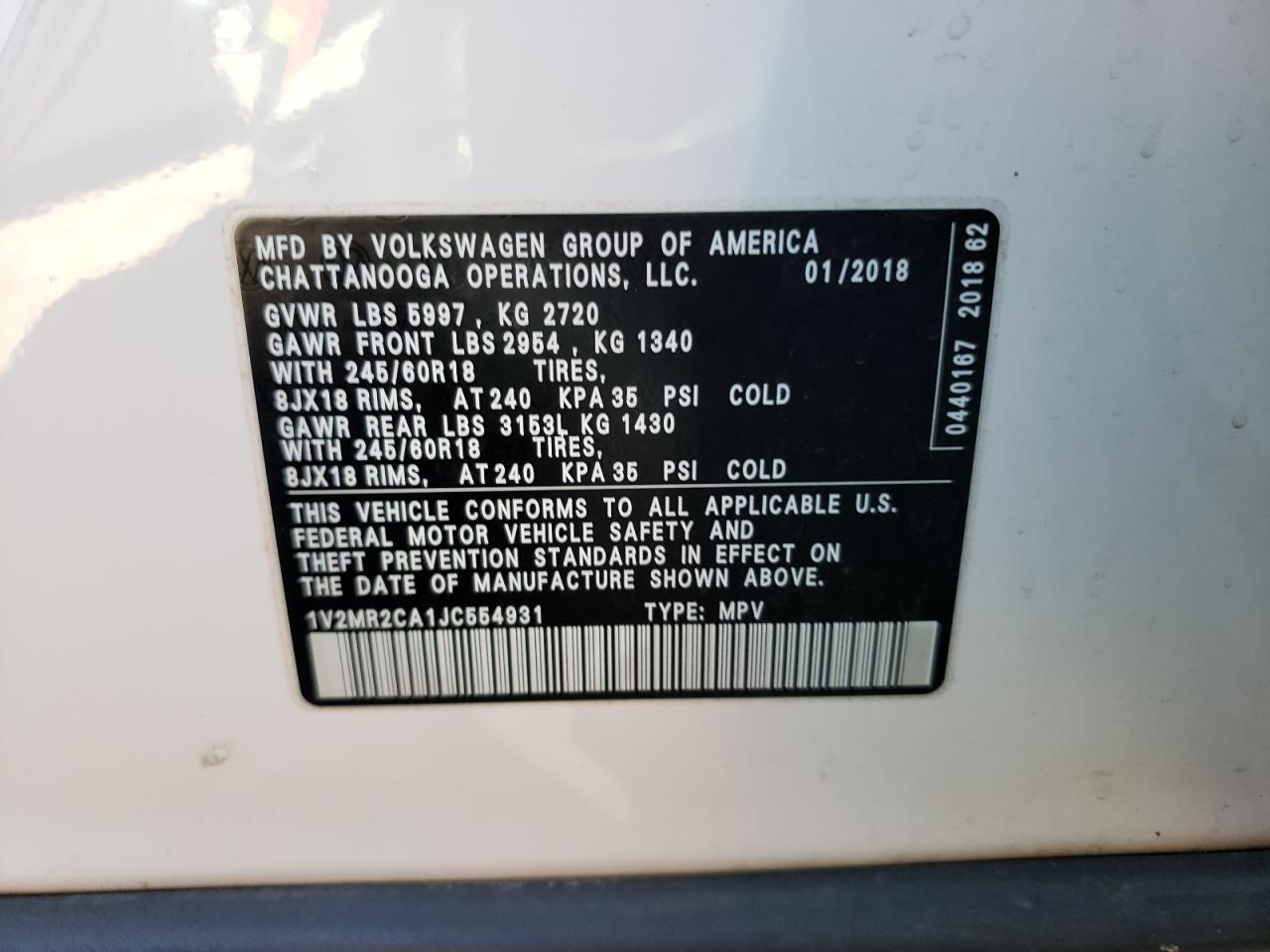 2018 Volkswagen Atlas VIN 1V2MR2CA1JC554931 Copart auction photo, rear end damage thumbnail 13