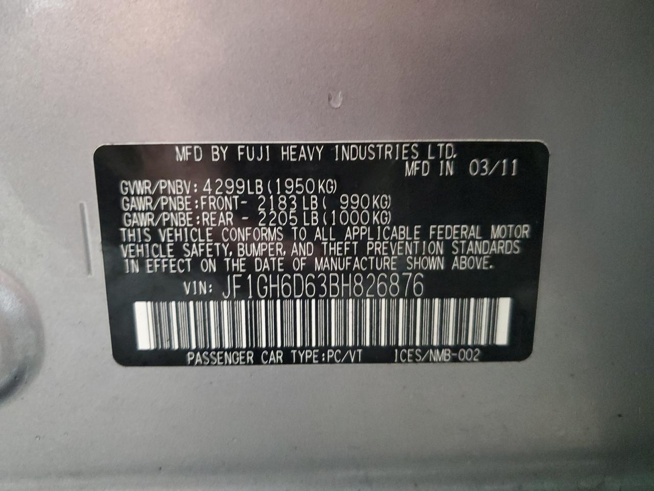 2011 Subaru Impreza VIN JF1GH6D63BH826876 Copart auction photo, all over damage thumbnail 14