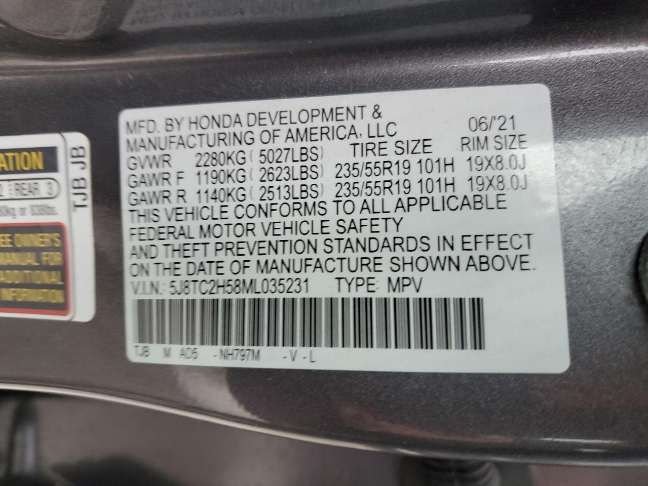 2021 Acura RDX VIN 5J8TC2H58ML035231 Copart auction photo, front end / side damage thumbnail 13
