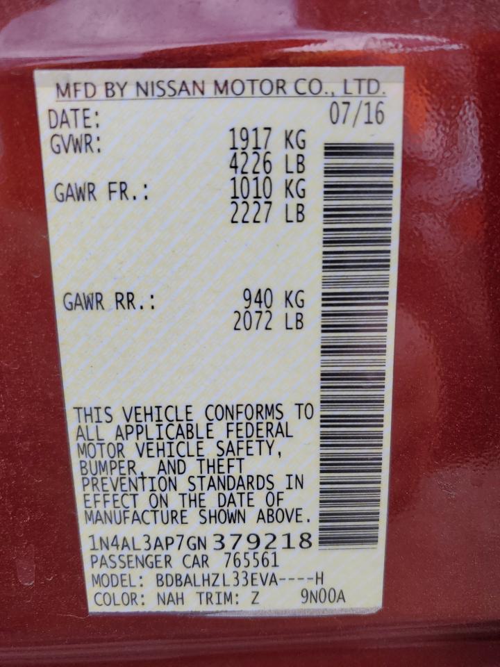 2016 Nissan Altima VIN 1N4AL3AP7GN379218 Copart auction photo, front end / side damage thumbnail 14