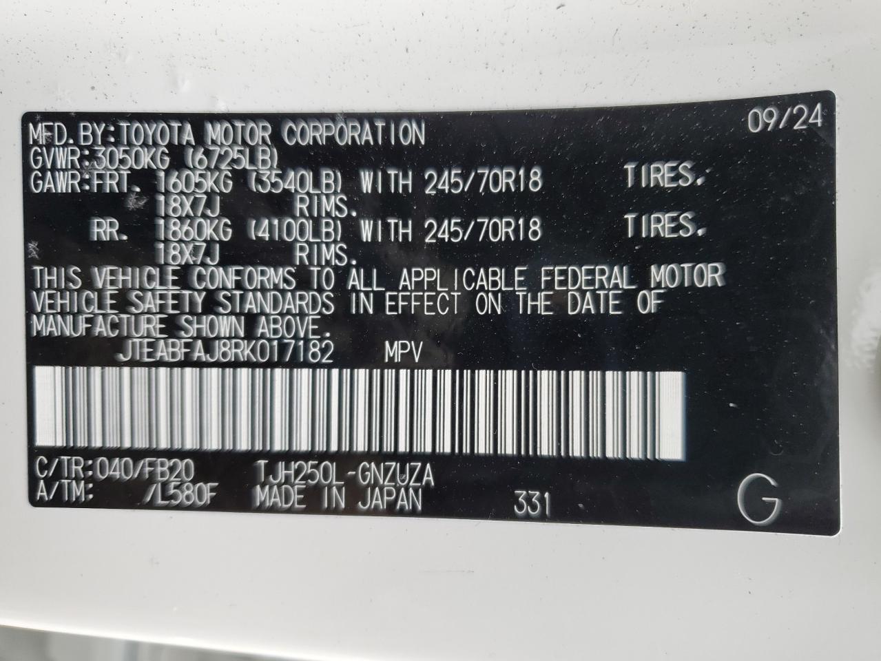 2024 Toyota Land Cruiser VIN JTEABFAJ8RK017182 Copart auction photo, front end / side damage thumbnail 13
