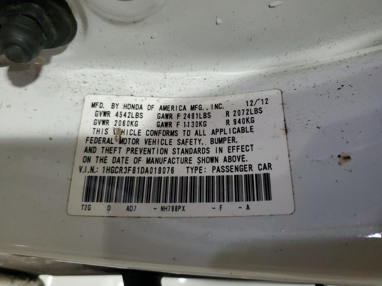 2013 Honda Accord VIN 1HGCR3F81DA019076 Copart auction photo, front end / rear end damage thumbnail 14
