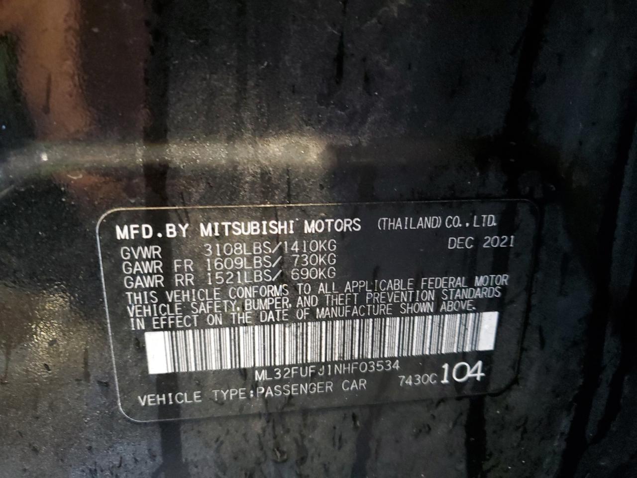 2022 Mitsubishi Mirage VIN ML32FUFJ1NHF03534 Copart auction photo, rear end damage thumbnail 12