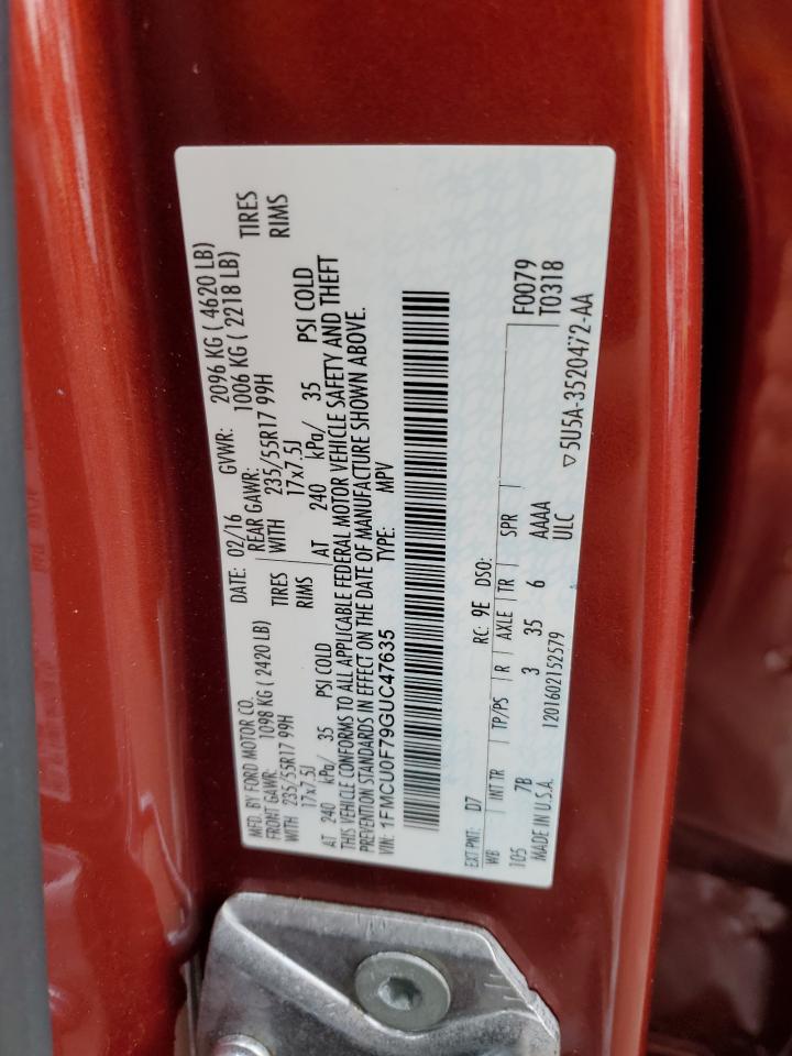 2016 Ford Escape VIN 1FMCU0F79GUC47635 Copart auction photo, front end / undercarriage damage thumbnail 13