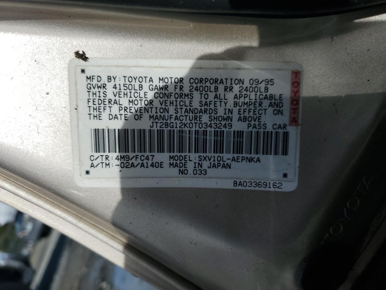 1996 Toyota Camry VIN JT2BG12K0T0343249 Copart auction photo, all over damage thumbnail 12