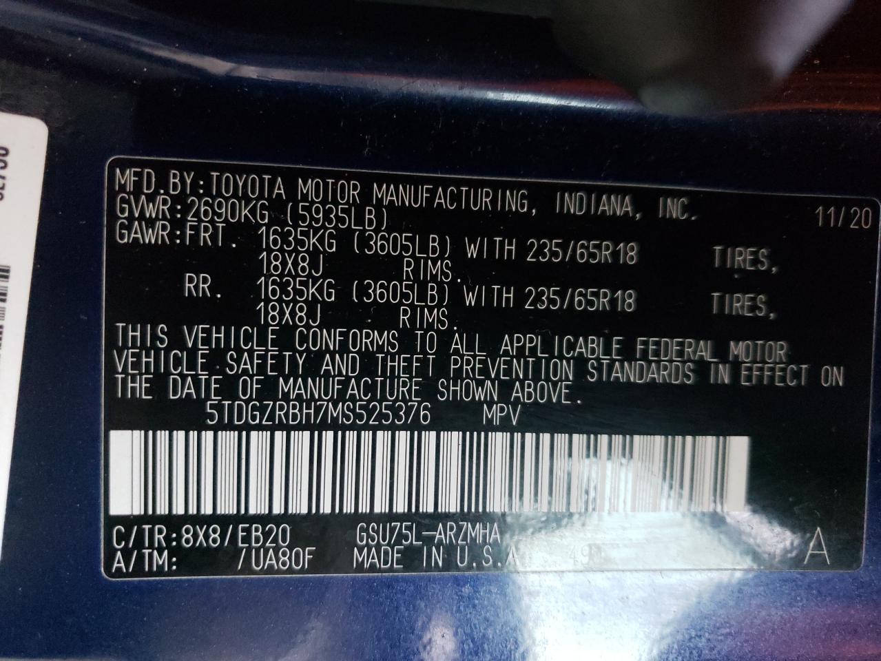 2021 Toyota Highlander VIN 5TDGZRBH7MS525376 Copart auction photo, rear end / hail damage thumbnail 15