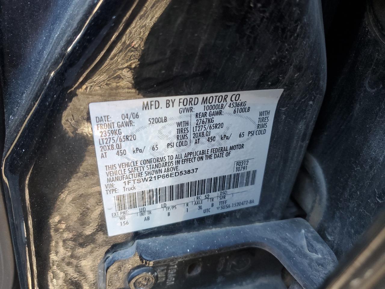 2006 Ford F250 VIN 1FTSW21P66ED53837 Copart auction photo, rear end / front end damage thumbnail 12