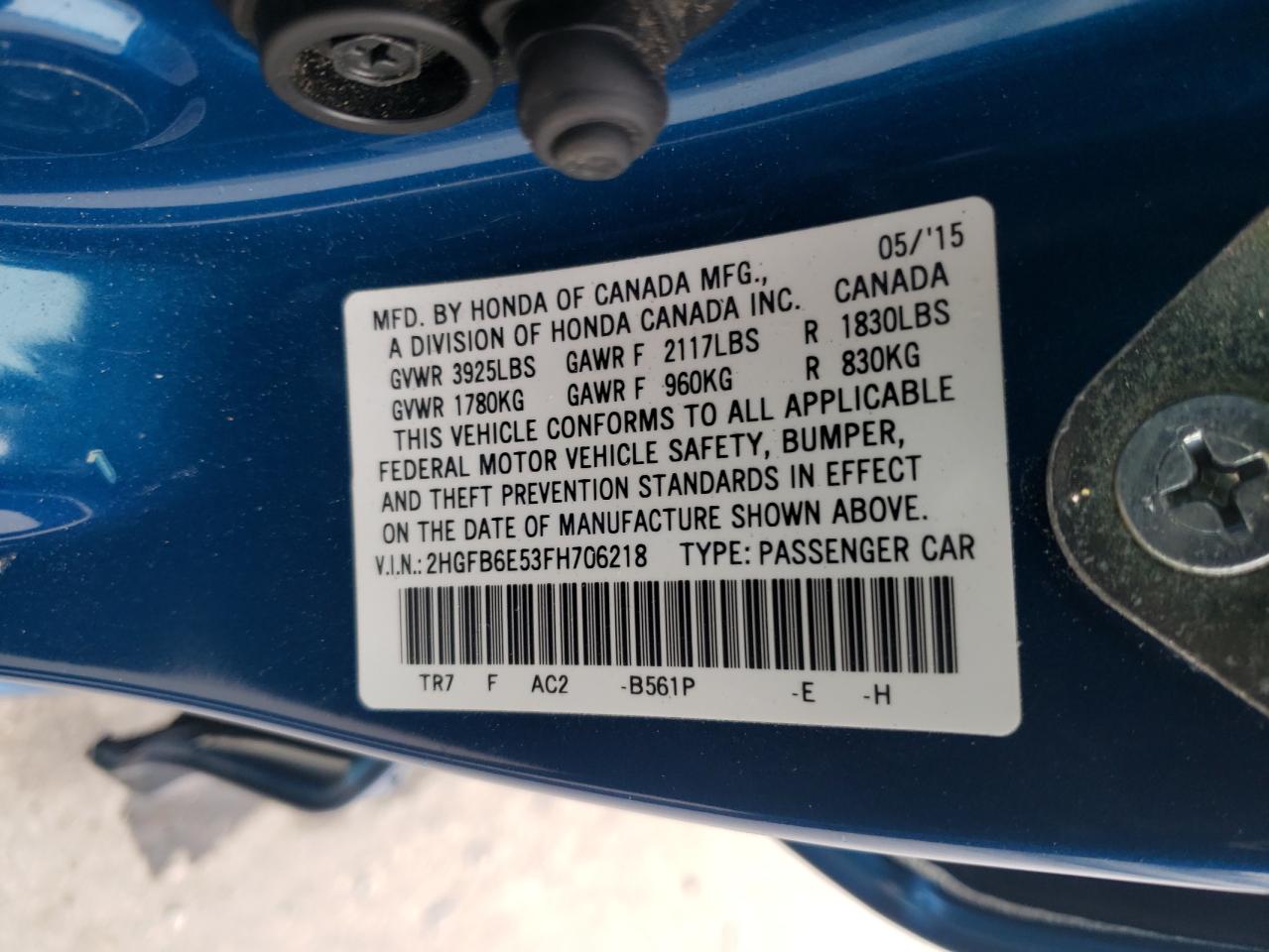 2015 Honda Civic VIN 2HGFB6E53FH706218 Copart auction photo, side / rear end damage thumbnail 12