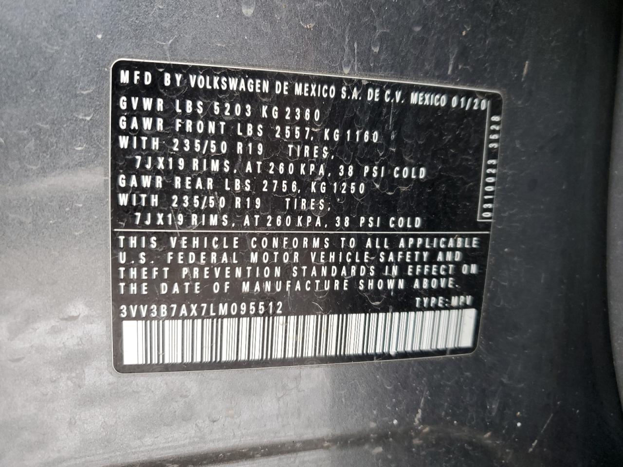 2020 Volkswagen Tiguan VIN 3VV3B7AX7LM095512 Copart auction photo, side damage thumbnail 13