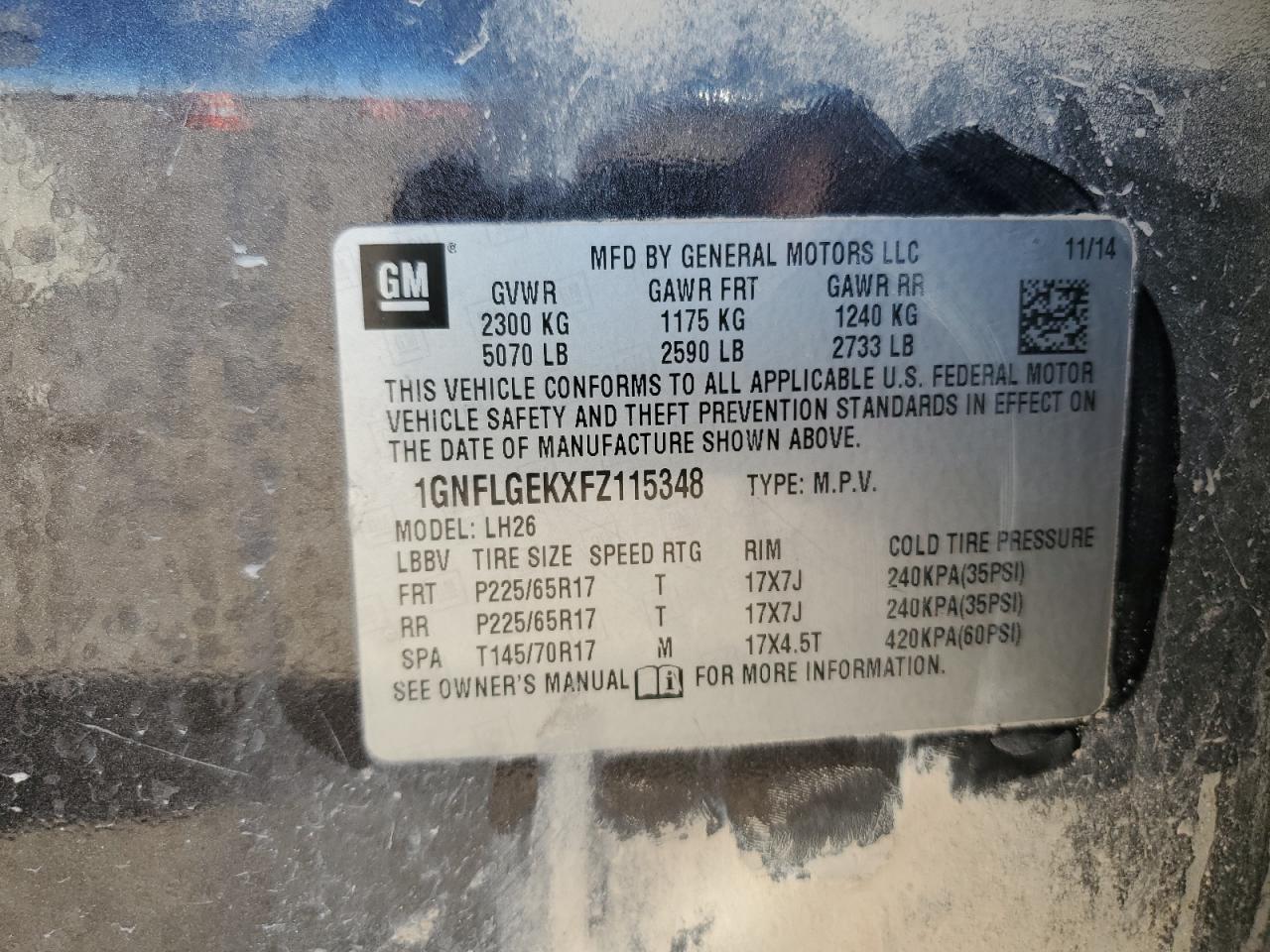 2015 Chevrolet Equinox VIN 1GNFLGEKXFZ115348 Copart auction photo, front end damage thumbnail 13