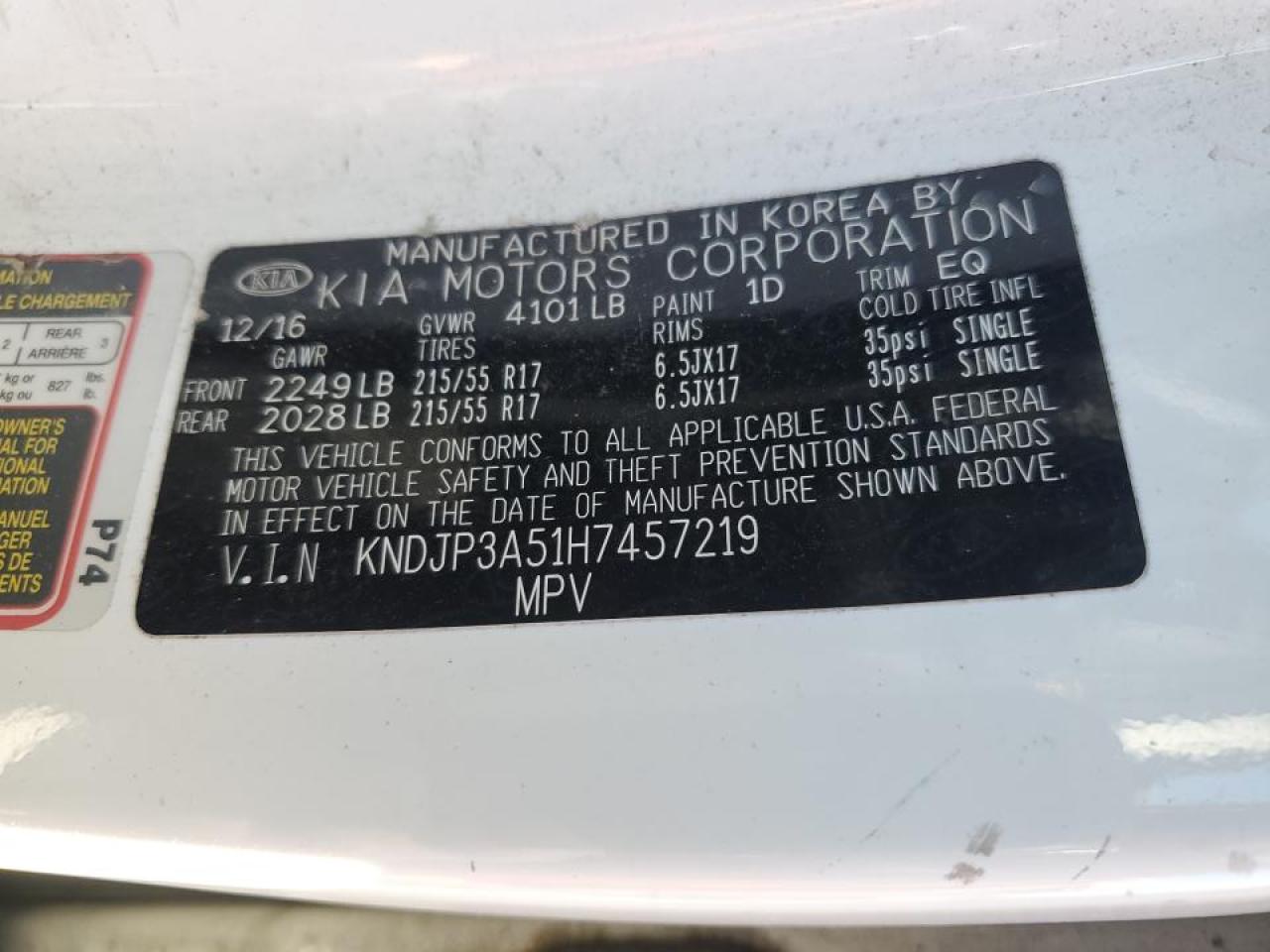 2017 KIA Soul VIN KNDJP3A51H7457219 Copart auction photo, rear end damage thumbnail 13