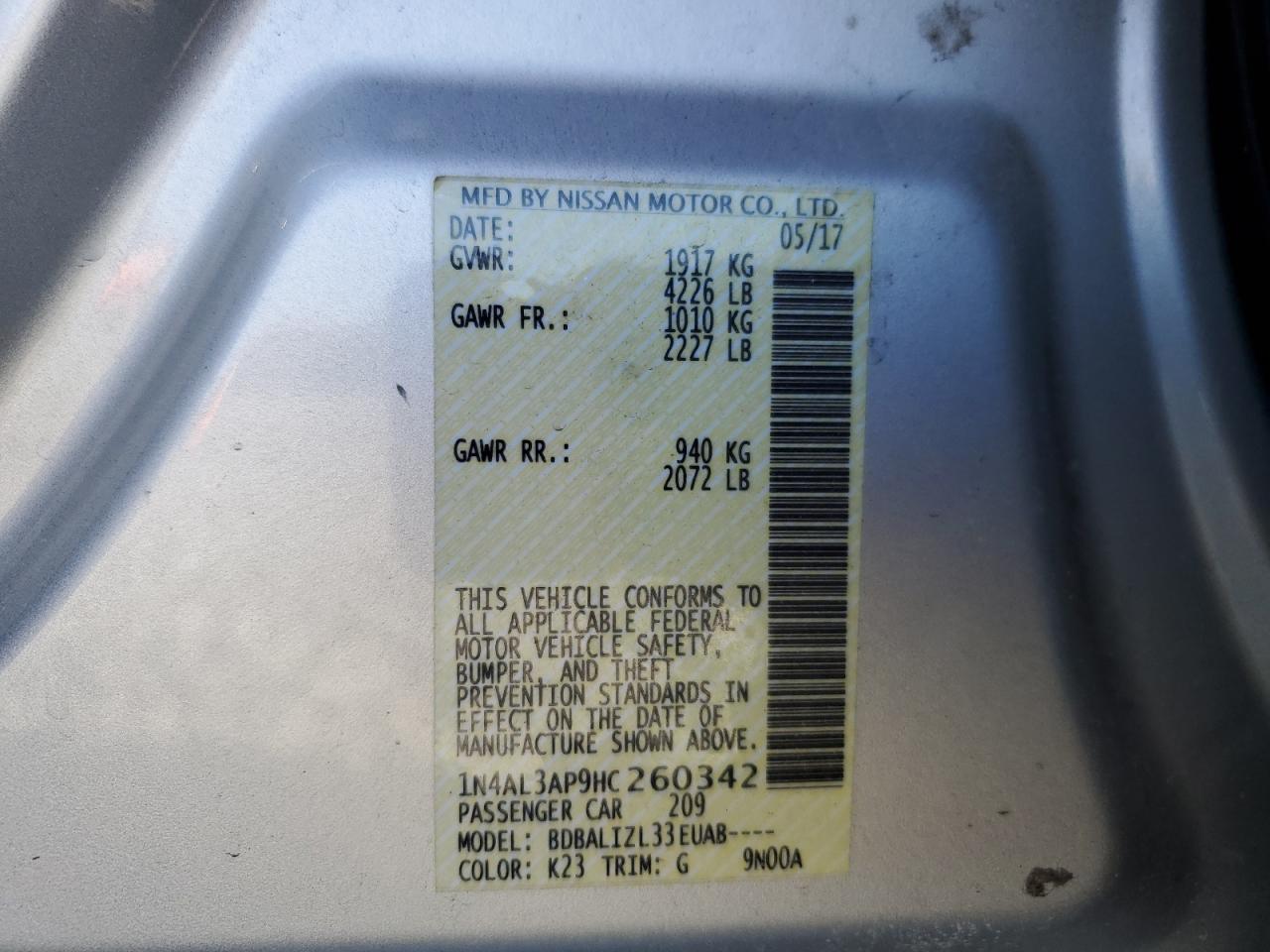 2017 Nissan Altima VIN 1N4AL3AP9HC260342 Copart auction photo, front end / minor dent/scratches damage thumbnail 14