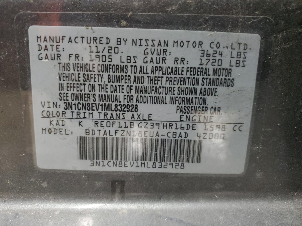 2021 Nissan Versa VIN 3N1CN8EV1ML832928 Copart auction photo, rollover / undercarriage damage thumbnail 13
