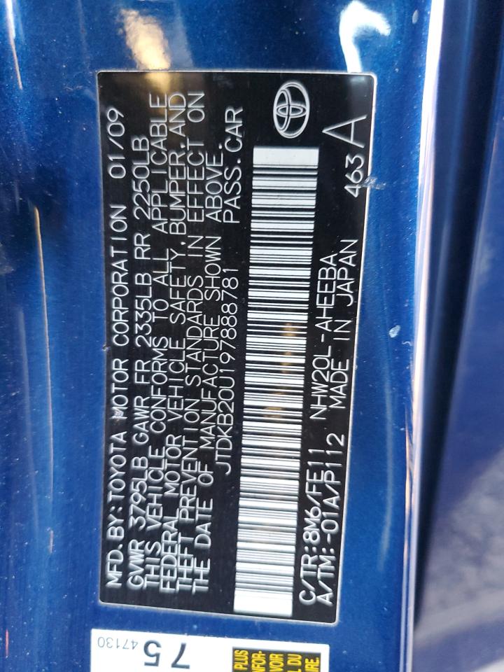 2009 Toyota Prius VIN JTDKB20U197888781 Copart auction photo, front end / side damage thumbnail 12